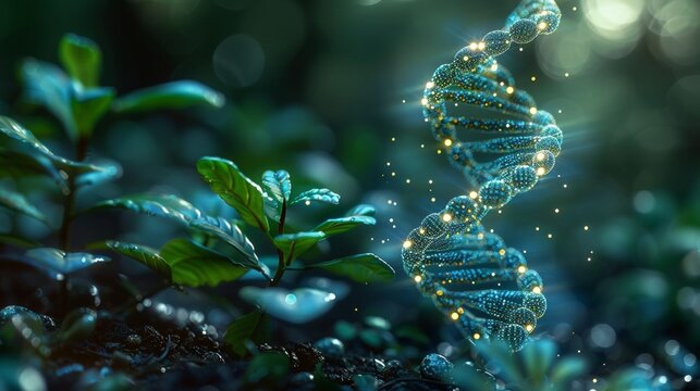 Sprout of green plant with blue 3D DNA molecule. Concept of gene editing genetic biotechnology engineering. Low poly style. Abstract wireframe structure.  image.