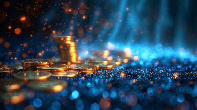 The image shows an abstract coins pile with falling coins. Money savings theme. It has a low poly style design. A blue geometric background. A wireframe light connection structure. A modern 3d