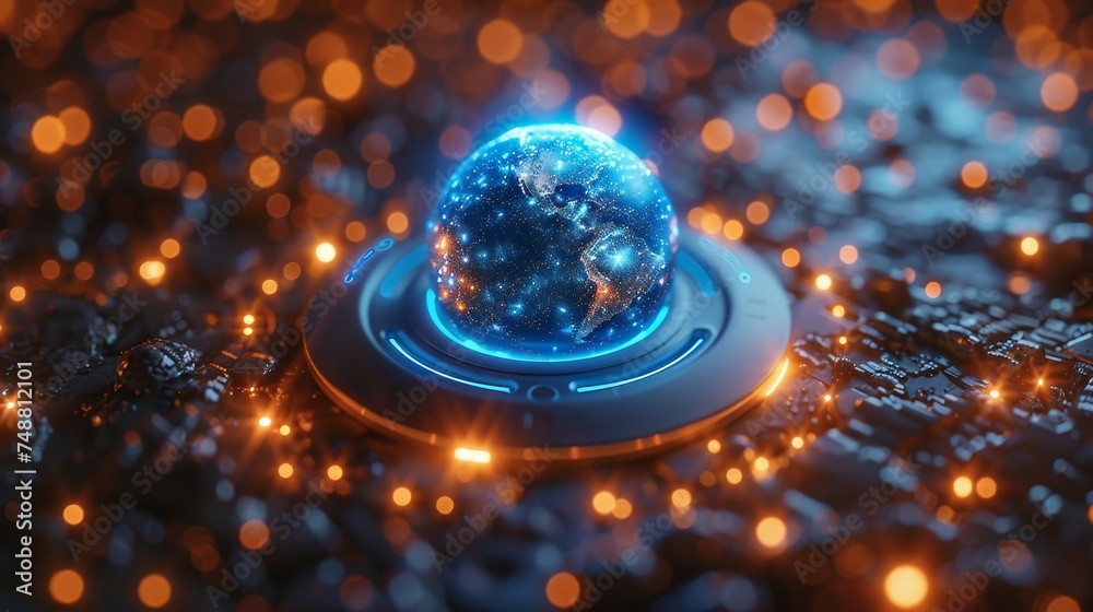 Aufkleber In the middle of a power button is an abstract blue glowing planet Earth. Geometric background. Wireframe light connection structure. Modern 3D graphic.  illustration.