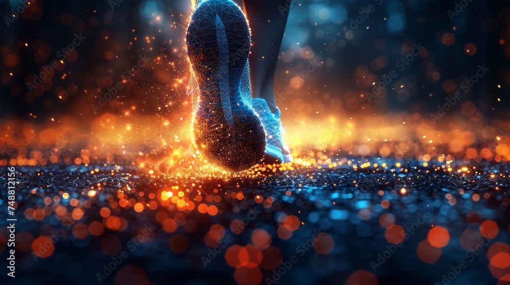 Poster running man's feet. low polygonal style design. abstract geometric background. wireframe light conne