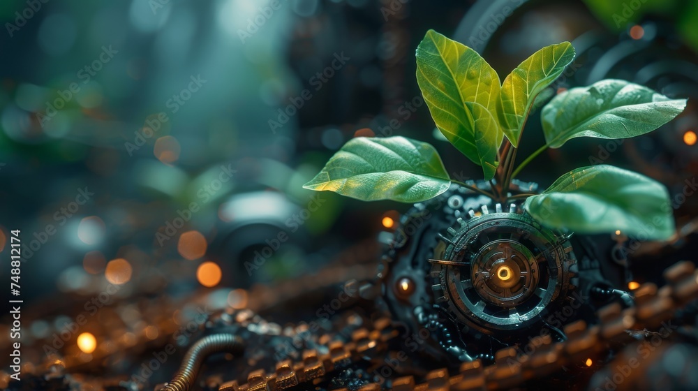 Poster Plant sprouts and cogwheels. Biotechnology concept. Flat design. Abstract blue geometric background. Wireframe light connection structure. Modern 3d graphic isolated  illustration.