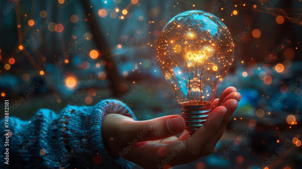 Aufkleber Isolated  illustration of an abstract hand holding a light bulb. Low poly style design. Blue geometric background. Wireframe light connection. Modern 3D graphic concept. Isolated