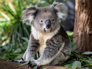 A koala perched in a eucalyptus tree, surrounded by a dappled sunlight canopy.