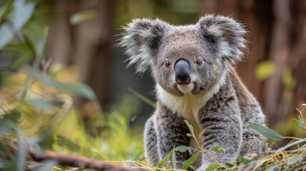 A relaxed koala sitting amongst eucalyptus leaves.