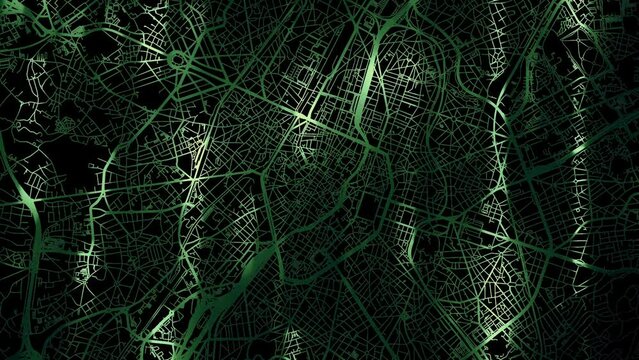 Zoom in road map of Brussels Belgium with green glowing roads on a black background.