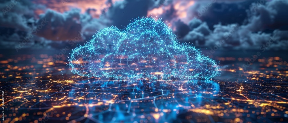 Aufkleber An overview of cloud computing technology. A digital cloud hovering over a world map. Cloud storage in a data center. Global internet network servers working on big data. Digital cloud as a concept