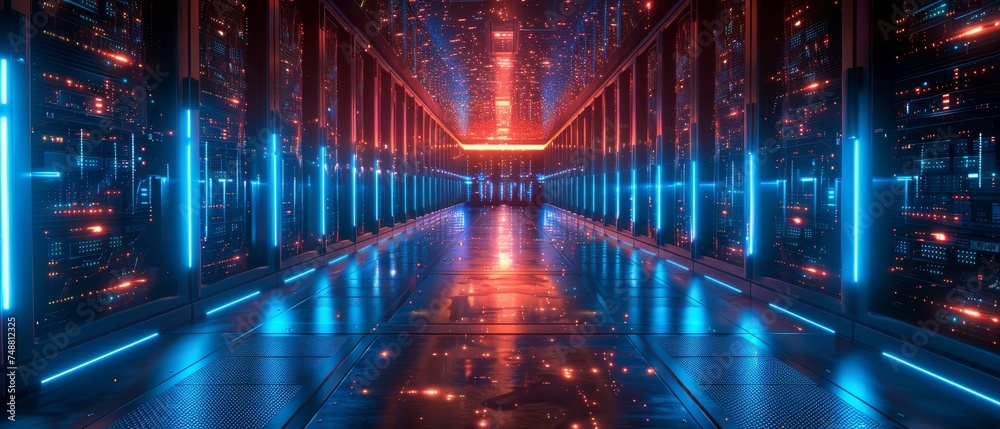 Aufkleber In a futuristic space with digital electronic equipment, data spheres hang over the floor in digital cyberspace. Abstract illustration of a server room in a data center.