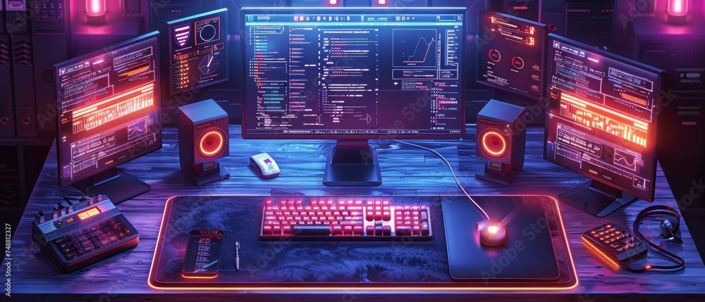 Poster Creating a cross platform application using technology. Modern tech isometric conceptual illustration. Programming and coding workplace.