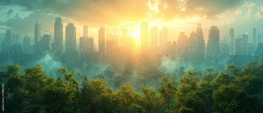 Poster View of the city landscape from the forest. Skyscrapers made of glass in the morning or evening light. Futuristic urban landscape with clear skies.