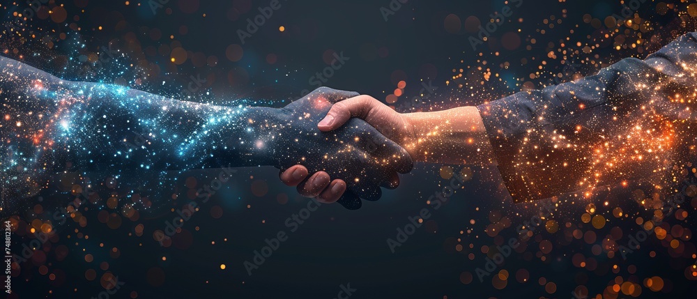 Aufkleber handshake origami with line and point on white background in cooperation with stars. the universe an