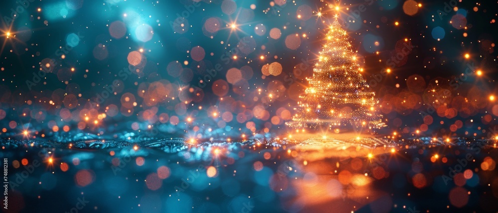 Aufkleber the 2023 year is represented by glowing pixels on the christmas tree in technology style on a blue b