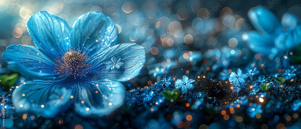 Aufkleber A bunch of abstract blue flowers and the number 2024. The design has a low poly style. Abstract geometric background. Wireframe light structure. Modern 3D graphic concept.  illustration.