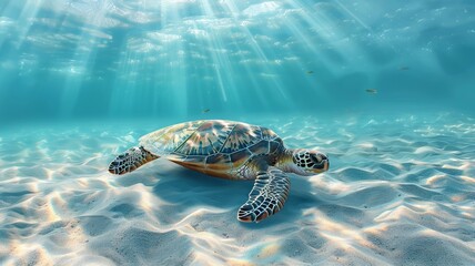 Obraz premium Serene underwater scene with a sea turtle gliding over coral reefs in sunlit waters