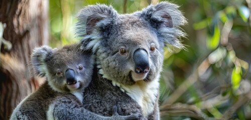 Fototapeta premium A koala mother and her joey share a tender moment, nestled in the crook of a eucalyptus tree.