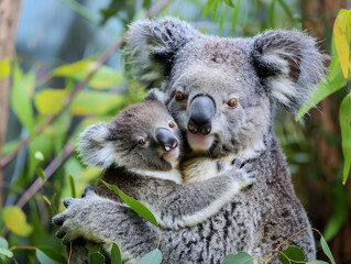 A koala mother and her joey share a tender moment, nestled in the crook of a eucalyptus tree.