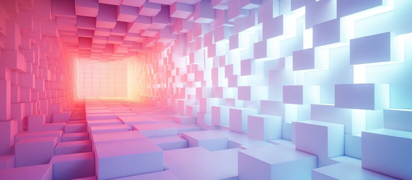 The room is packed with numerous white cubes, creating an abstract architectural space. Each cube is made of concrete and is illuminated by neon lighting, displaying a gradient of colors.