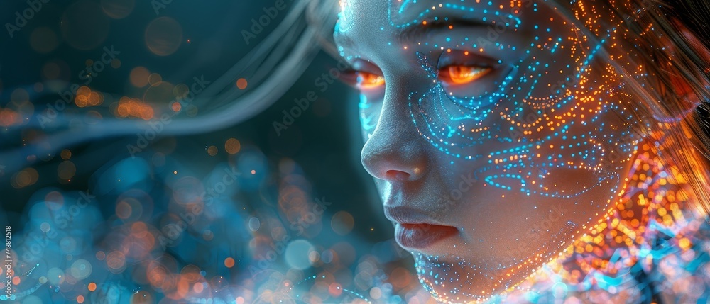 Poster AI isometric concept. Communication between cybernetic brains and networks. Analysis of data. Machine learning of AI. Robot or cyborg head. Computer modeling.