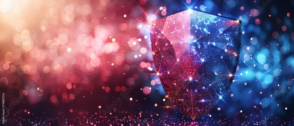 Poster Polygonal security shield. Business concept of data security. Low polygonal  illustration of a starry sky.