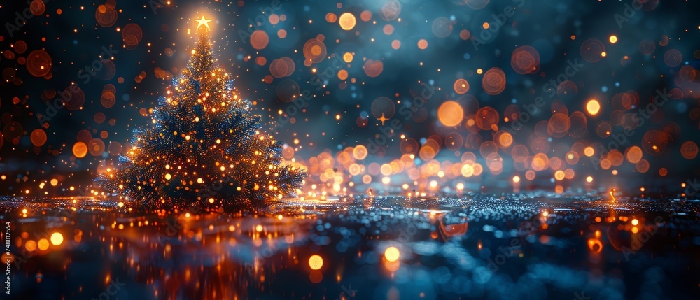 Aufkleber on a blue background, a 2024 number christmas tree with glowing pixels. an icon of the year 2024 is 