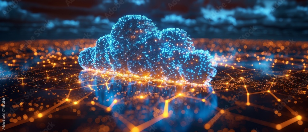 Leinwandbilder In this image, an image of a cloud computing technology is seen hovering over a map of the world, cloud storage is being used in data centers, servers on the world's internet are dealing with big