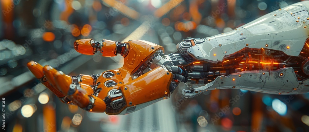 Poster The AI technology of industry 4.0 is controlling manipulator arms on a factory floor. Machines with mechanical hands controlled by robots or cyborgs. Abstract humanoid displays.