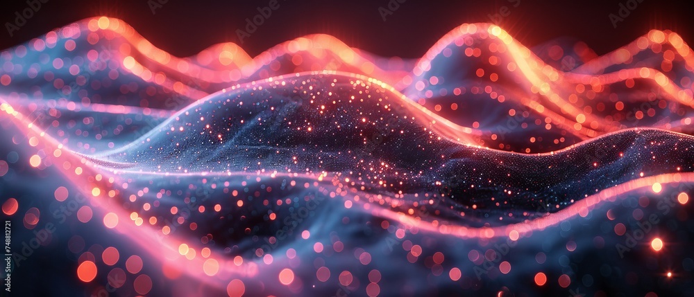 Aufkleber A three-dimensional grid surface of glowing dots and particles representing big data. Abstract wave grid diagrams of digital flow information. Wavy wire infographic design element.