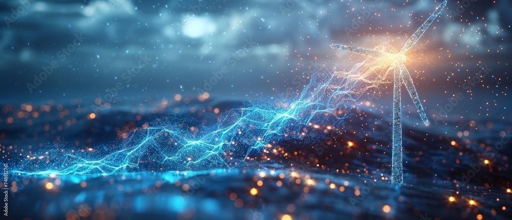 Poster blue glowing lightning near the wind turbine. renewable energy generation. green energy concept. low