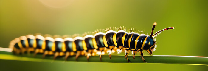 Caterpillar sliding on the branch with green background. - Powered by Adobe
