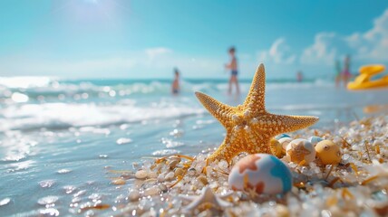 Starfish on the shoreline with a bright summer sky reflecting the joy of a beach vacation