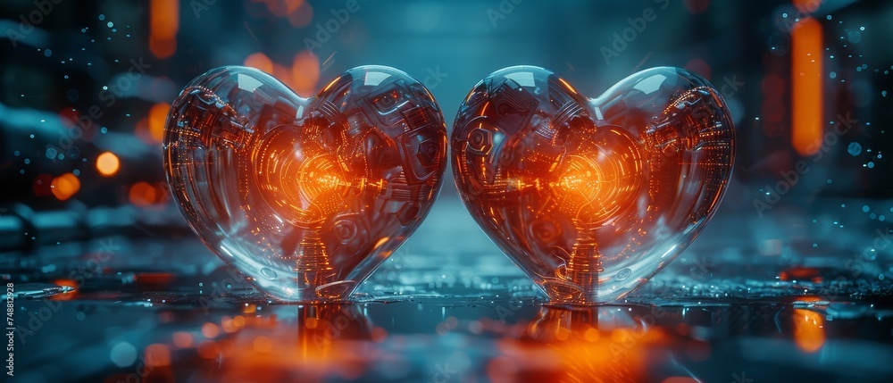 Leinwandbilder a love heart in a technology style. tech computer mechanism over a podium. valentines day digital bl