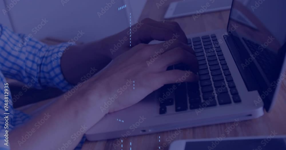 Poster animation of circuit board with data processing over caucasian man using laptop