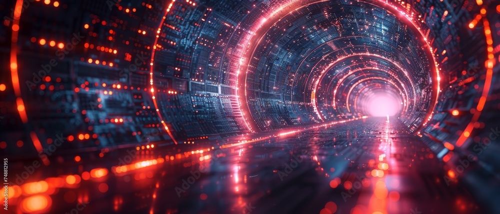 Aufkleber Concept for a futuristic cyber gate in cyberspace or metaverse. Fantasy cyber portal in data center with digital data center light signals.