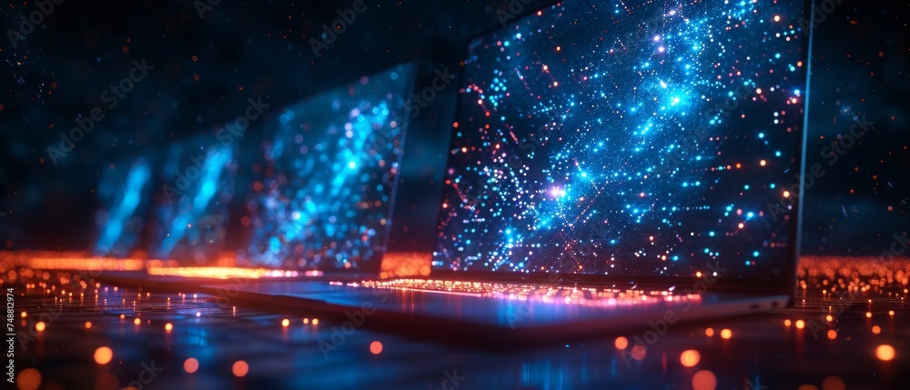 Aufkleber The laptop and monitor in a low-poly wireframe style with starry skies and cosmos. Technology and devices concept. Abstract  computerization theme in blue. Weird polygonal devices concept.