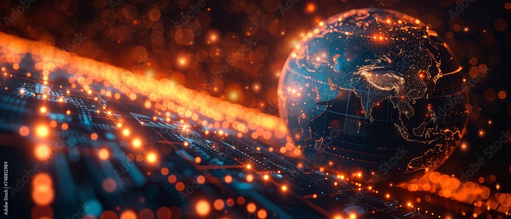 Poster An illustration of a globe with light dots and a dark background. This represents Earth Day in a conceptual way. 3D sci-fi interface of a globe hanging over a dashboard. Holographic globe made in the