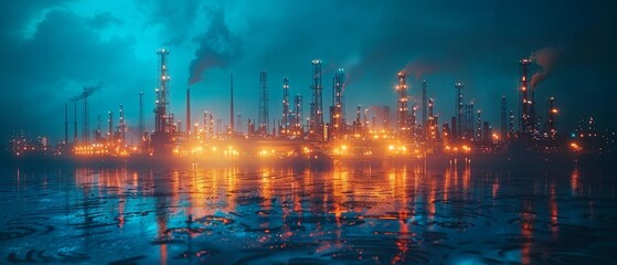 In this photograph, oil pumps are in a field on blue. This concept is related to digital extraction, gas markets, well drilling, petroleum production, fossil fuel, oilfield crises, energy economies,