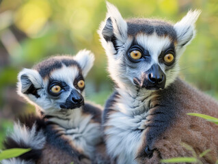 Obraz premium A tender moment as a mother ring-tailed lemur shares a moment with her baby in a natural setting.