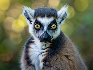 Naklejka premium A ring-tailed lemur gazes away with captivating yellow eyes and a detailed fur pattern.