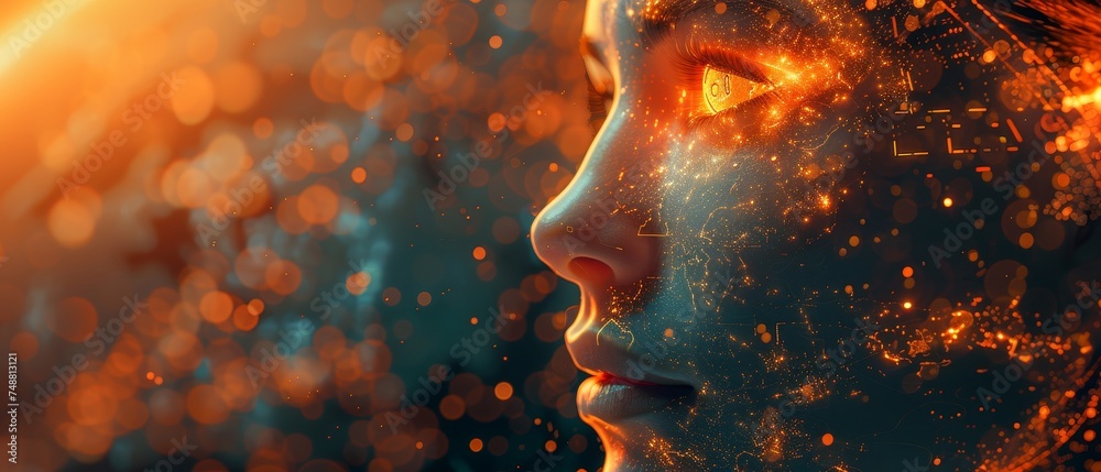 Aufkleber Technology concept. Robot or chat bot head hanging over globe. Artificial intelligence communication with different places on the globe. Analysis of cyborg faces around the world.