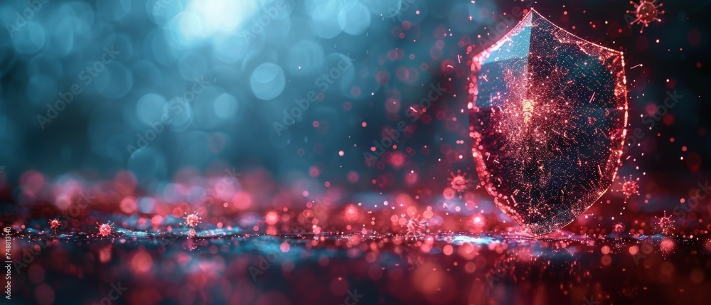 Poster The abstract blue futuristic shield is being attacked by the red virus. The concept of immune system protection and virus protection is shown on a low poly digital background with a geometric blue