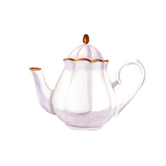 Porcelain ceramic white teapot for tea. Watercolor hand-drawn illustration isolated on white background. Perfect for recipe lists with drinks, brochures for cafe. Side view
