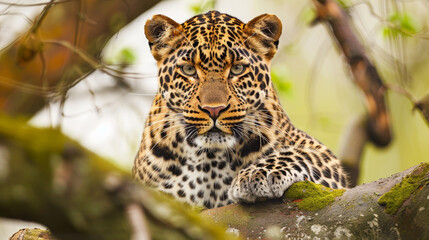 A leopard with a watchful gaze rests on a tree branch, blending into the foliage.