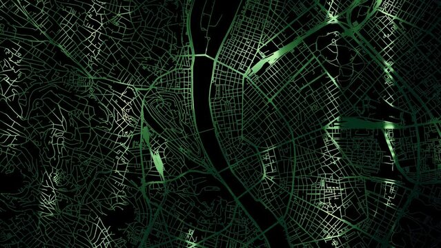 Zoom in road map of Budapest Hungary with green glowing roads on a black background.