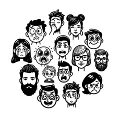 Face human man woman doodle vector set. Face people expression person sketch collection diversity set