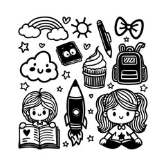 Fototapeta premium Kid doodle drawing childish family set. Kids doodle vector school drawn set
