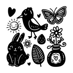 Easter bunny kawaii funny spring doodle set. Spring easter funny bird set