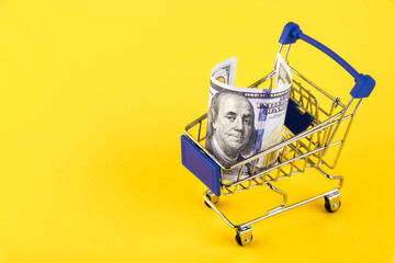 Shopping cart, supermarket trolley with one hundred dollars, on a yellow background. The concept of...