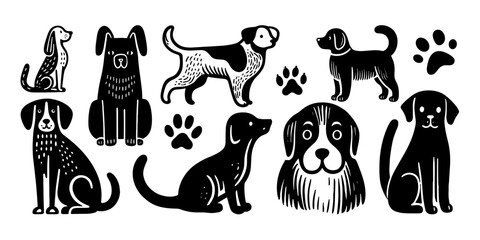 Dog pet puppy doodle vector set. Dog sketch kennel food doodle set - obrazy, fototapety, plakaty
