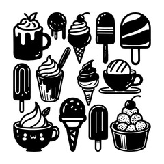 Icecream sweet ice summer food vector doodle set. Icecream frozen dessert chocolate waffle yogurt doodle set