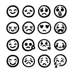 Emoji face smile happy emoticon vector doodle set. Emoji funny mood emotion vector doodle set