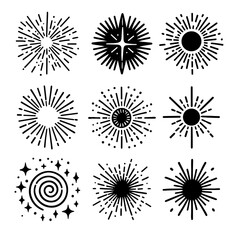 Sunburst fun burst element star vector doodle set. Starburst circle shine spark sun ray doodle vector set